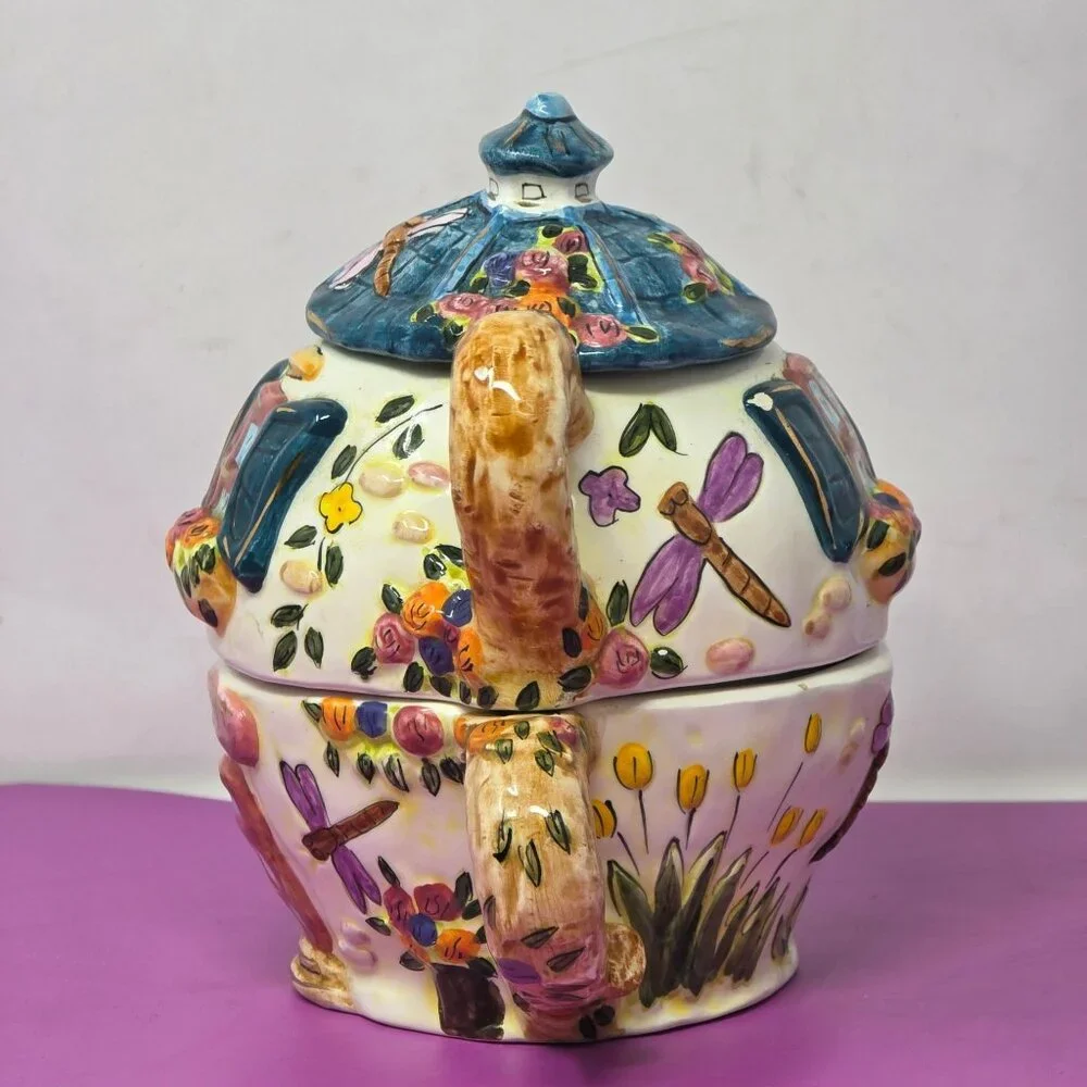 vintage Hand-Painted Ceramic Cottage Style Dragonfly Teapot &‎ Cup Set With Lid